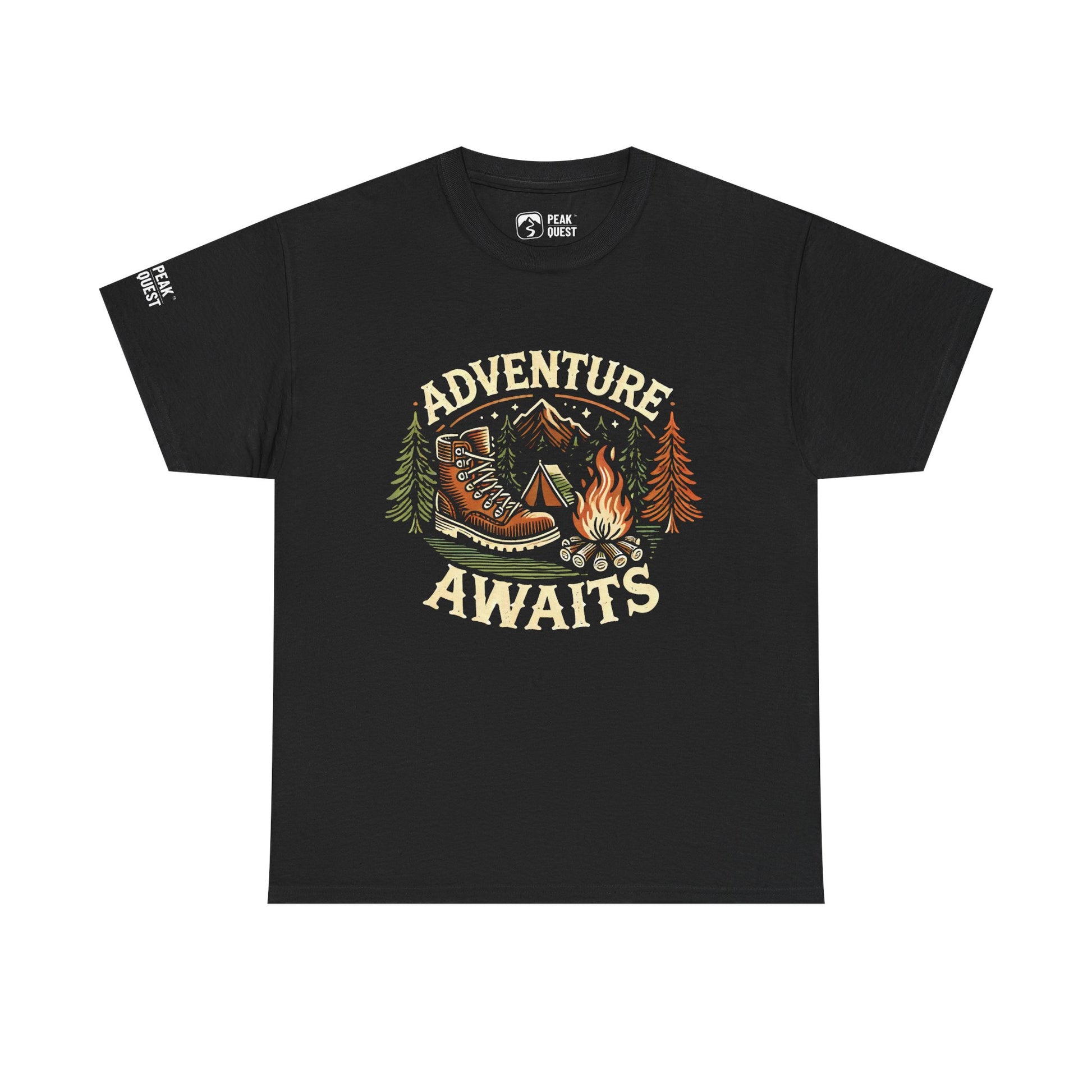 Adventure Awaits – Hiking Boot & Campfire T-Shirt by Peak Quest