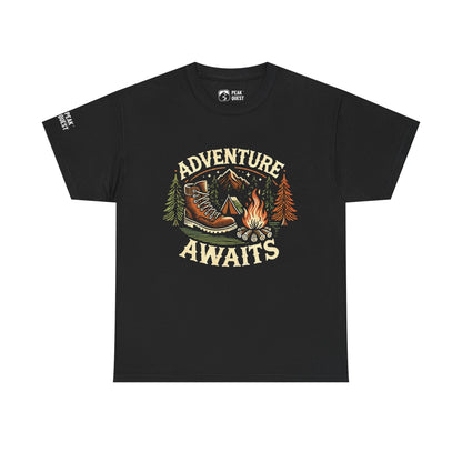 Adventure Awaits – Hiking Boot & Campfire T-Shirt by Peak Quest