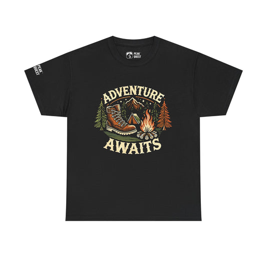 Adventure Awaits – Hiking Boot & Campfire T-Shirt by Peak Quest