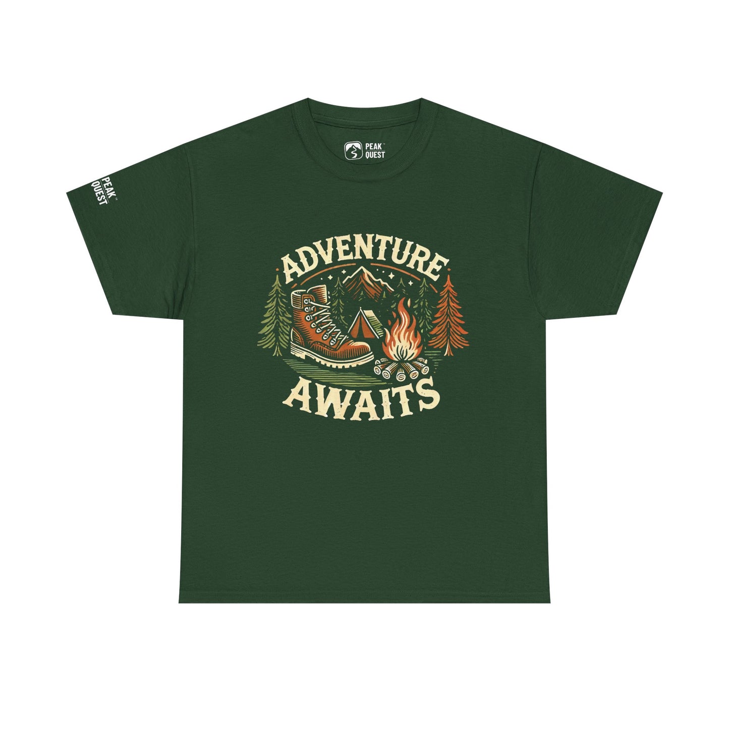Adventure Awaits – Hiking Boot & Campfire T-Shirt by Peak Quest