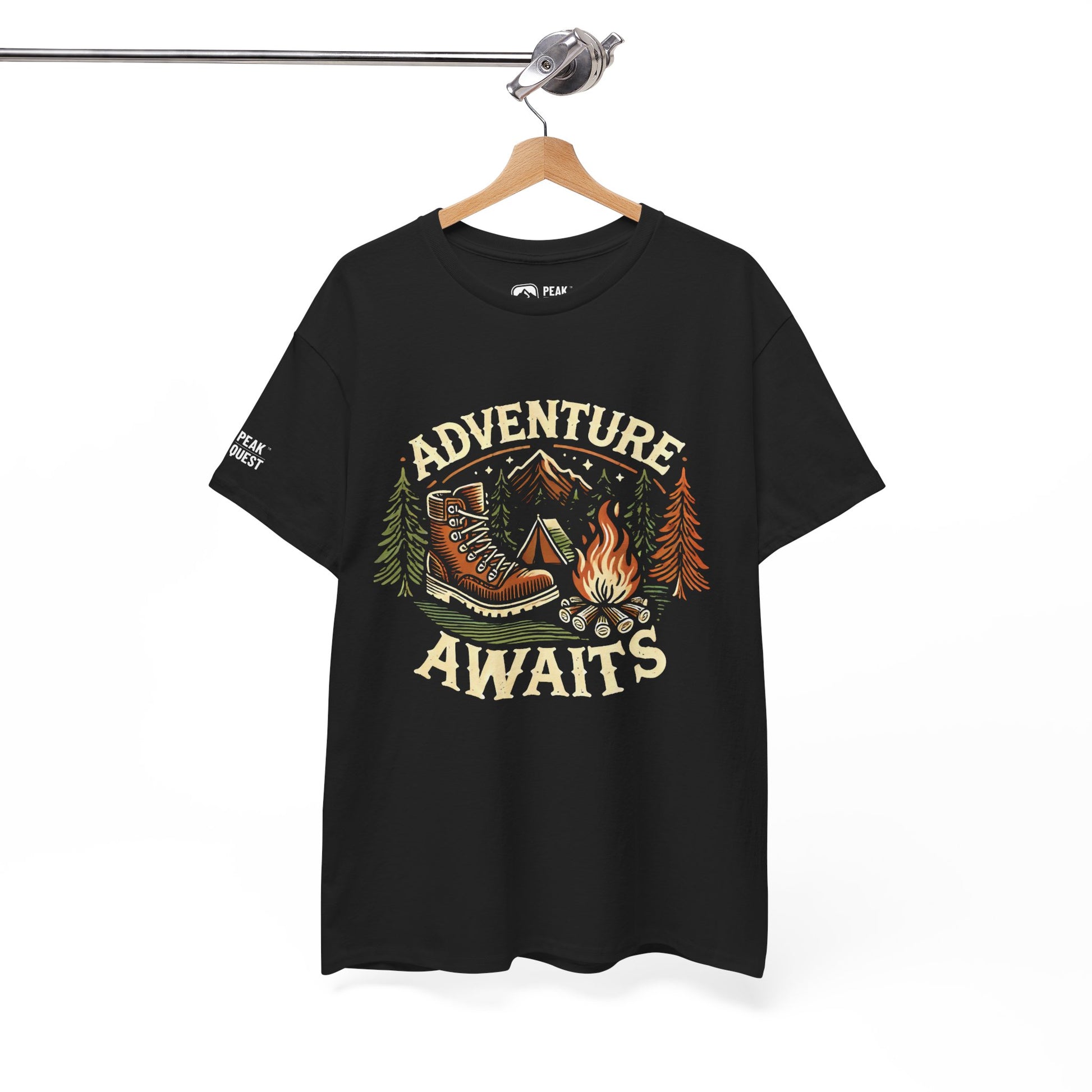 Adventure Awaits – Hiking Boot & Campfire T-Shirt by Peak Quest