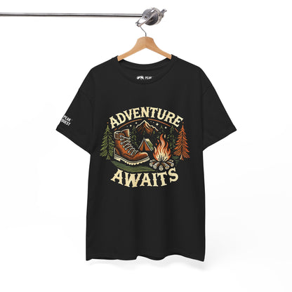 Adventure Awaits – Hiking Boot & Campfire T-Shirt by Peak Quest