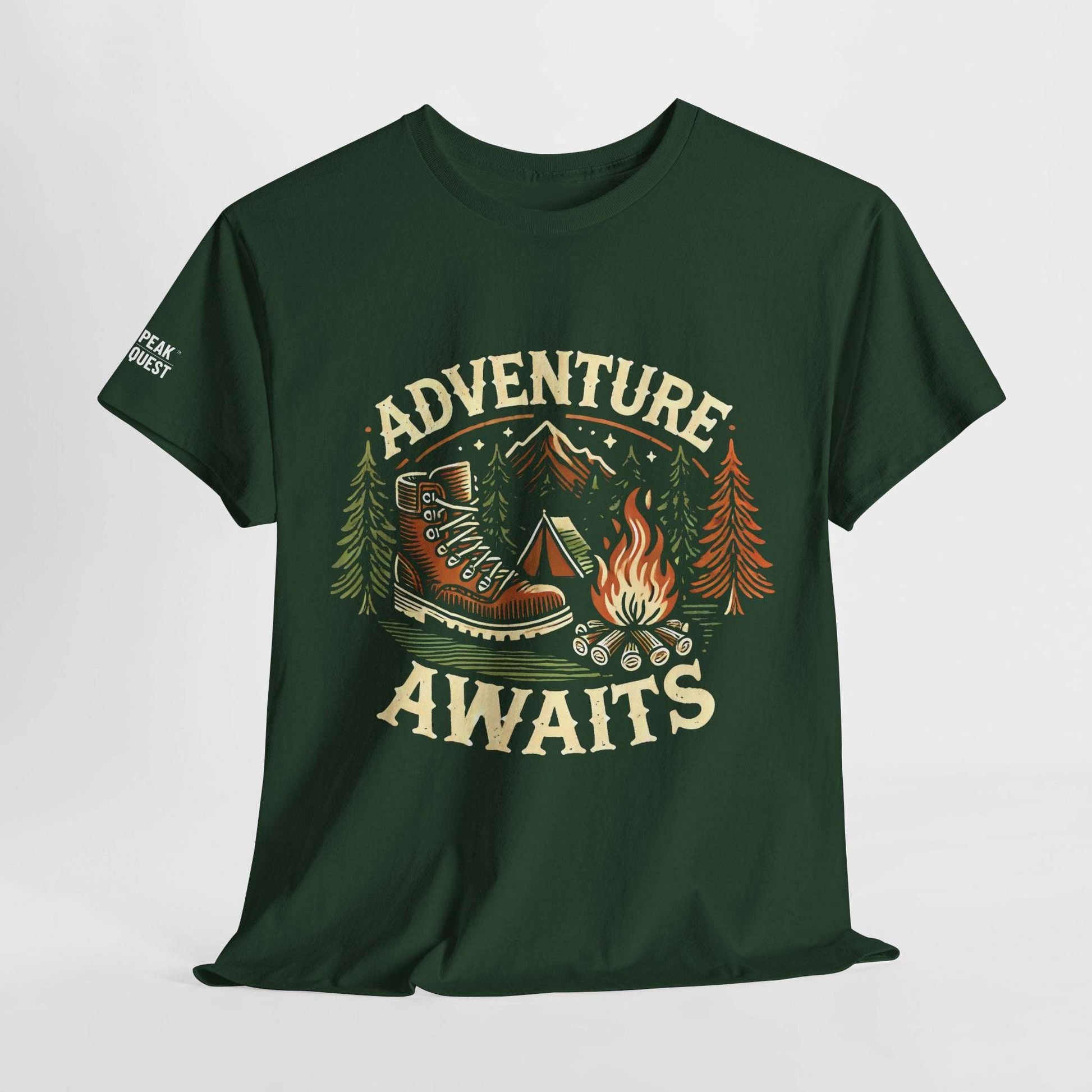 Adventure Awaits – Hiking Boot & Campfire T-Shirt by Peak Quest