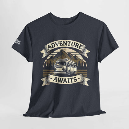 Adventure Awaits – Retro Camper Van T-Shirt by Peak Quest