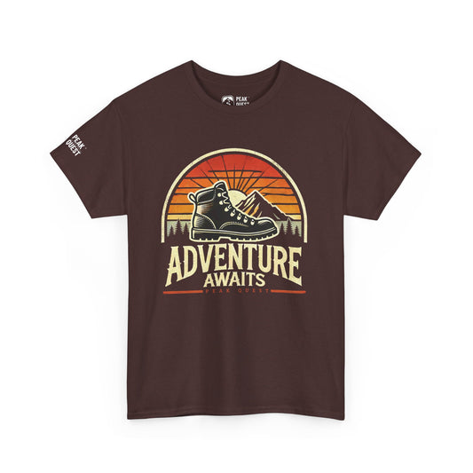 Adventure Awaits – Retro Hiking Boot T-Shirt by Peak Quest