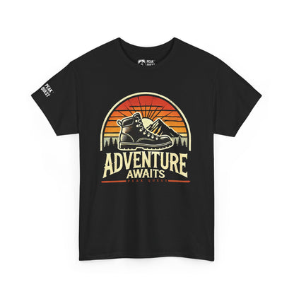 Adventure Awaits – Retro Hiking Boot T-Shirt by Peak Quest