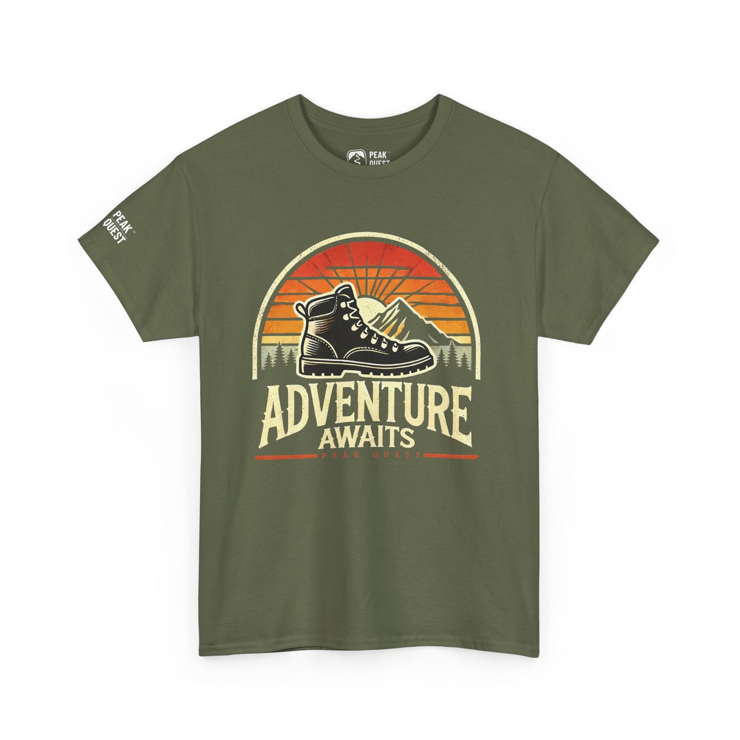 Adventure Awaits – Retro Hiking Boot T-Shirt by Peak Quest