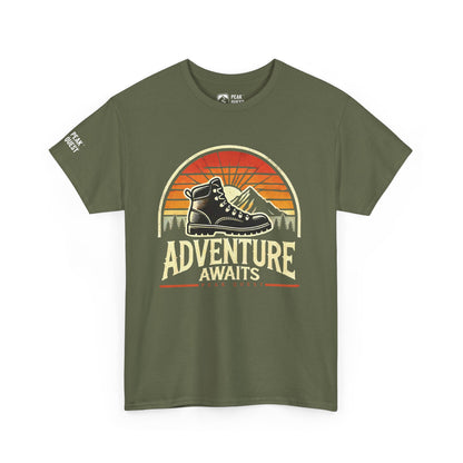 Adventure Awaits – Retro Hiking Boot T-Shirt by Peak Quest