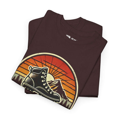 Adventure Awaits – Retro Hiking Boot T-Shirt by Peak Quest