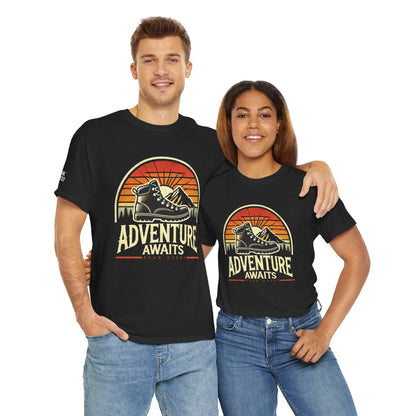 Adventure Awaits – Retro Hiking Boot T-Shirt by Peak Quest