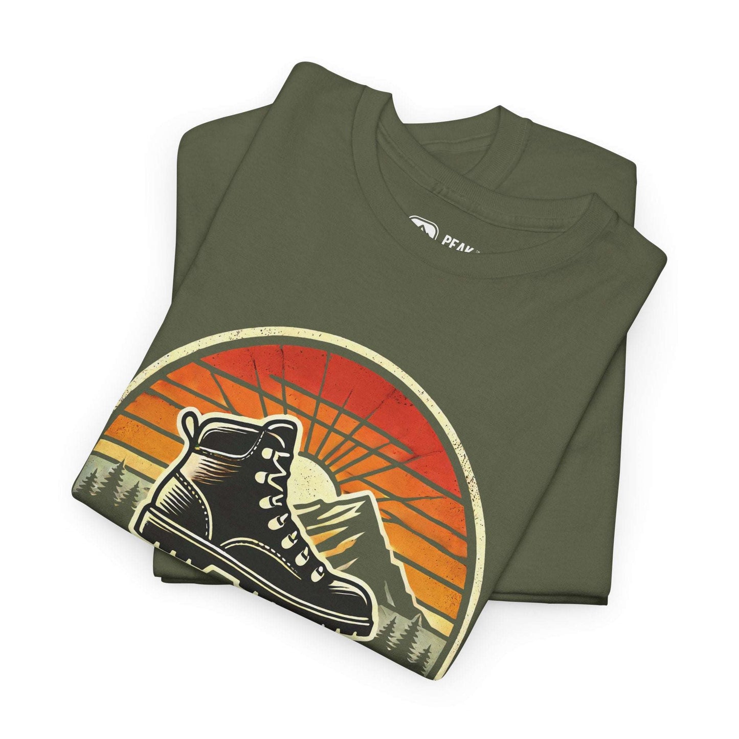 Adventure Awaits – Retro Hiking Boot T-Shirt by Peak Quest