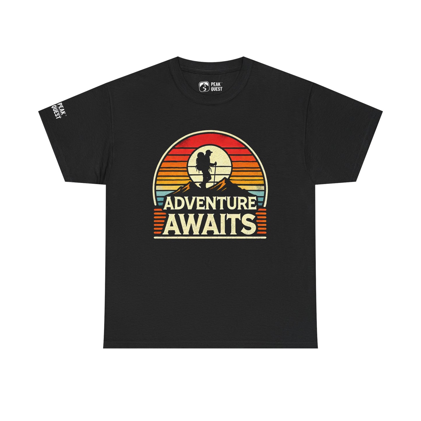 Adventure Awaits – Retro Mountain Hiker T-Shirt by Peak Quest