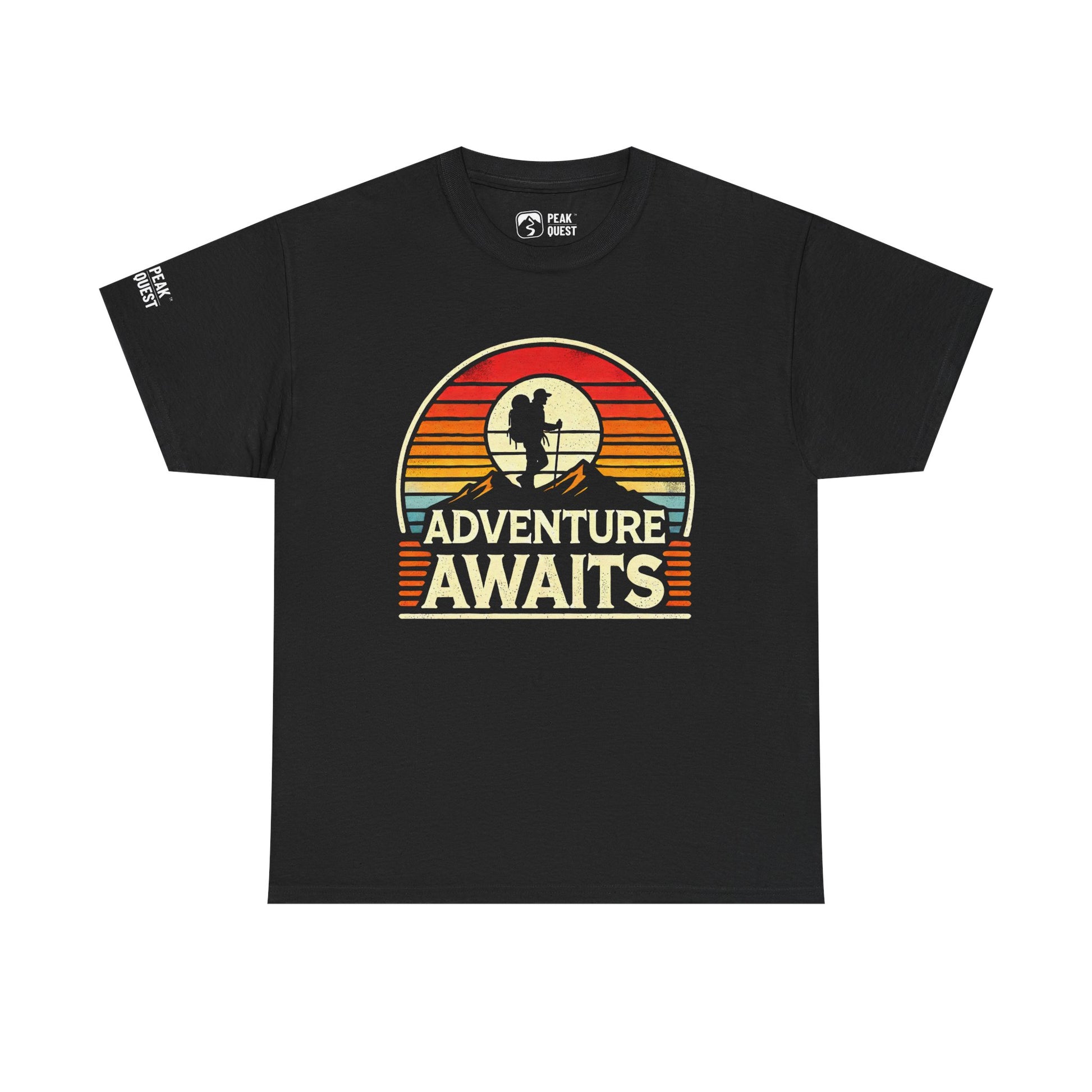 Adventure Awaits – Retro Mountain Hiker T-Shirt by Peak Quest