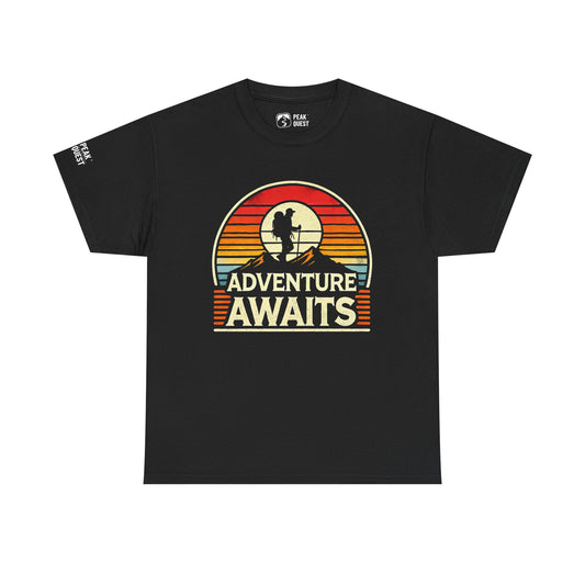 Adventure Awaits – Retro Mountain Hiker T-Shirt by Peak Quest