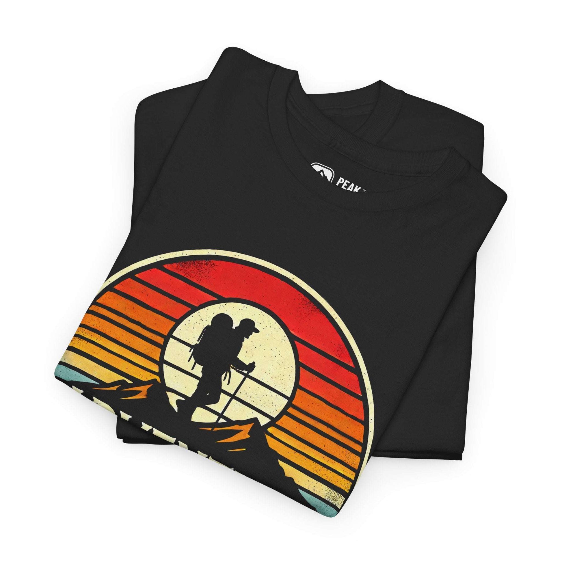 Adventure Awaits – Retro Mountain Hiker T-Shirt by Peak Quest