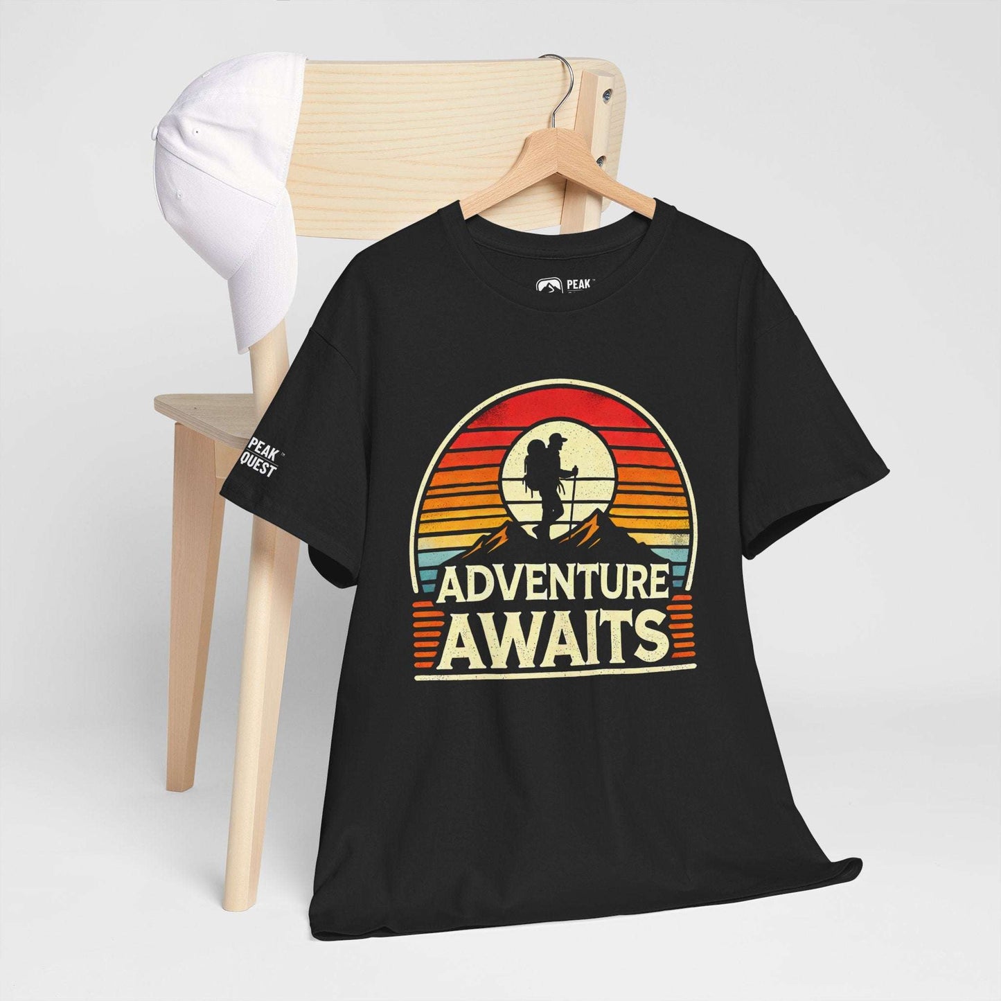 Adventure Awaits – Retro Mountain Hiker T-Shirt by Peak Quest