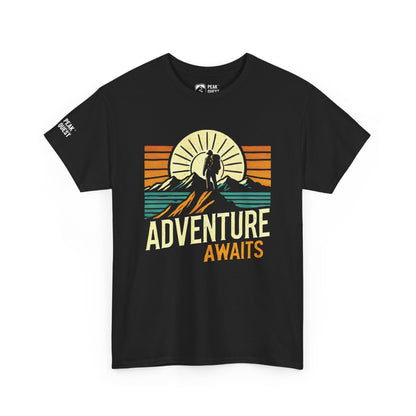 Adventure Awaits – Sunrise Hiker T-Shirt by Peak Quest